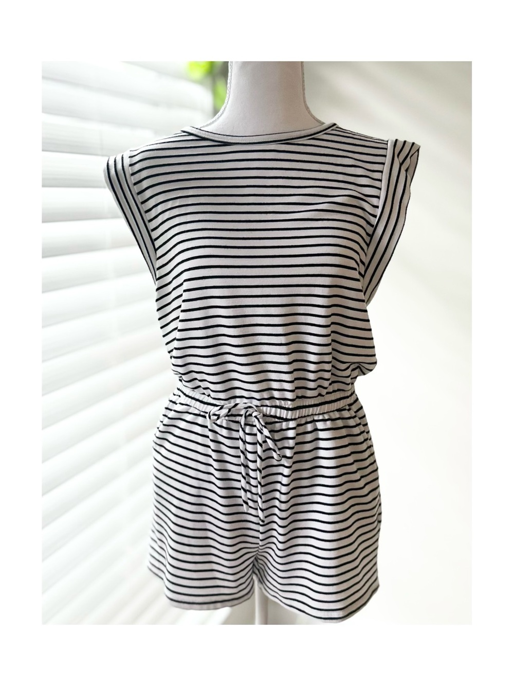Striped Black & White Sleeveless Tie-Waist Romper